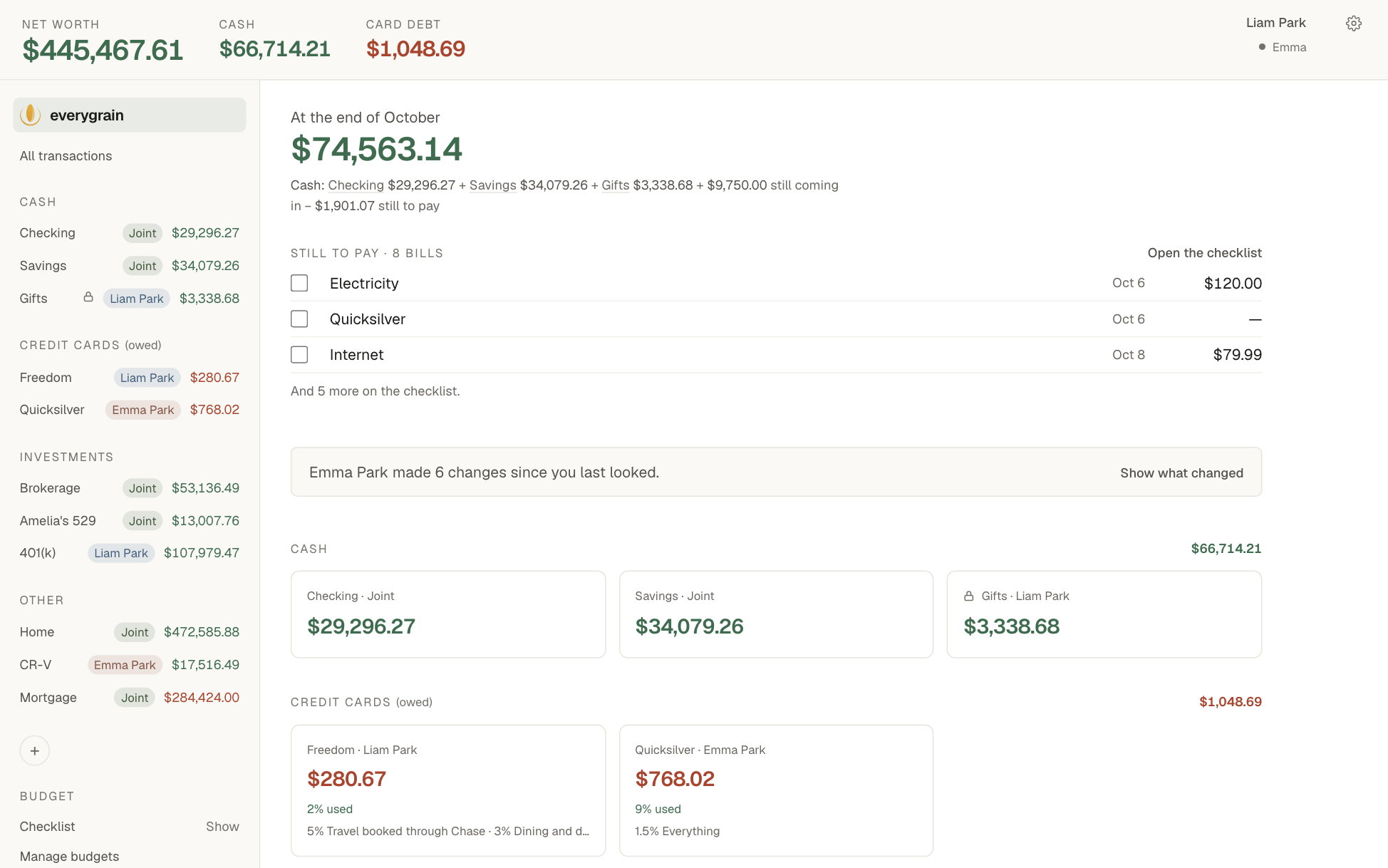 The everygrain dashboard: every account, grouped, with its balance